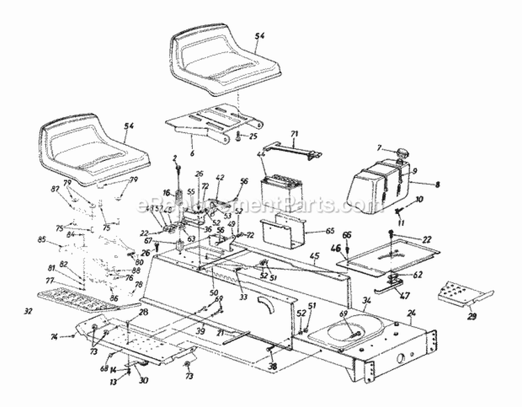 Seat Fuel Tank Battery Frame Diagram and Parts List for 13A4662F129 2000 Yard Machines Lawn Tractor